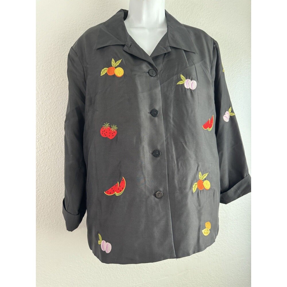 Silkland Top Womens 16 Black Silk Multi-color Embroidered Fruit Button-Up